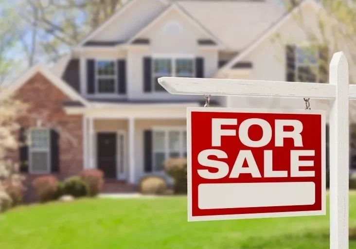 House with "For Sale" sign in yard.
